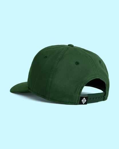 OOO embroidered flag detail on Prisma 5-panel hat, forest green, neurodivergent and ADHD apparel